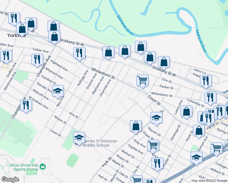 map of restaurants, bars, coffee shops, grocery stores, and more near 934 Brayton Park Place in Utica