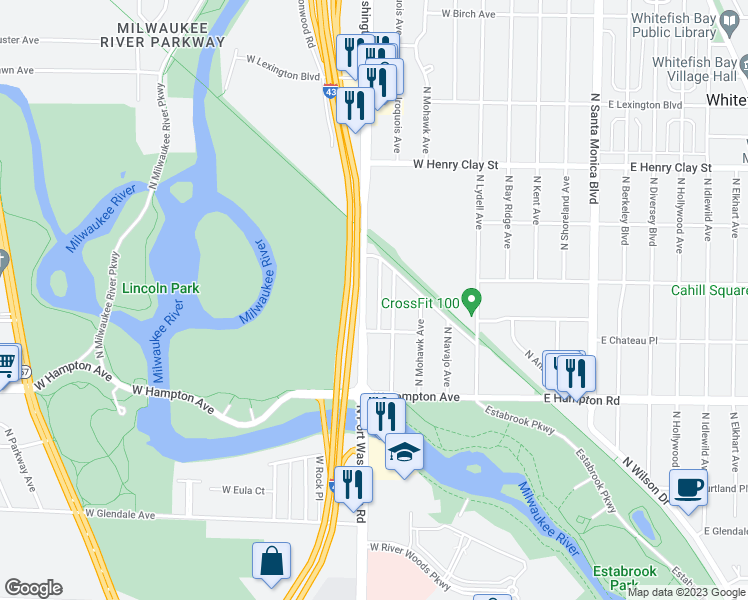 map of restaurants, bars, coffee shops, grocery stores, and more near 4940 North Port Washington Road in Glendale