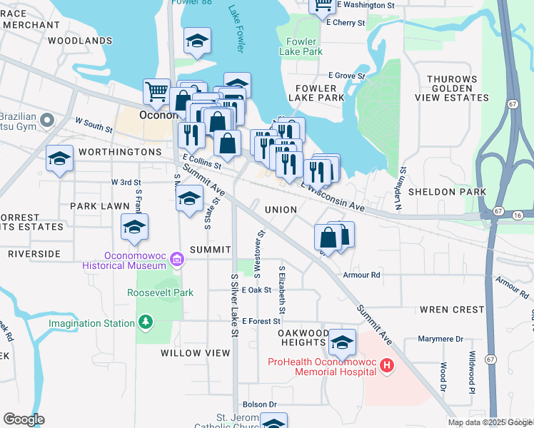 map of restaurants, bars, coffee shops, grocery stores, and more near 406 E Summit Avenue in Oconomowoc