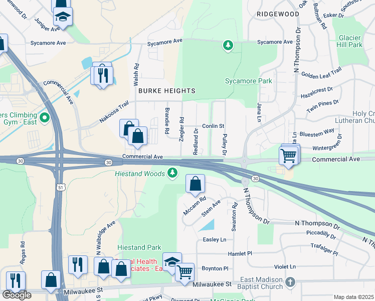 map of restaurants, bars, coffee shops, grocery stores, and more near 705 Ziegler Road in Madison