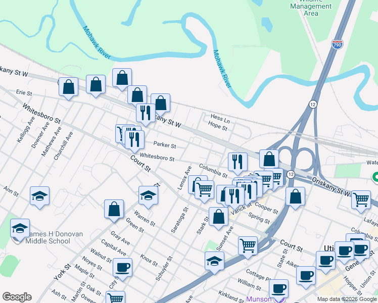 map of restaurants, bars, coffee shops, grocery stores, and more near 1046 Whitesboro Street in Utica