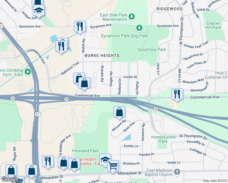 map of restaurants, bars, coffee shops, grocery stores, and more near 705 Ziegler Road in Madison