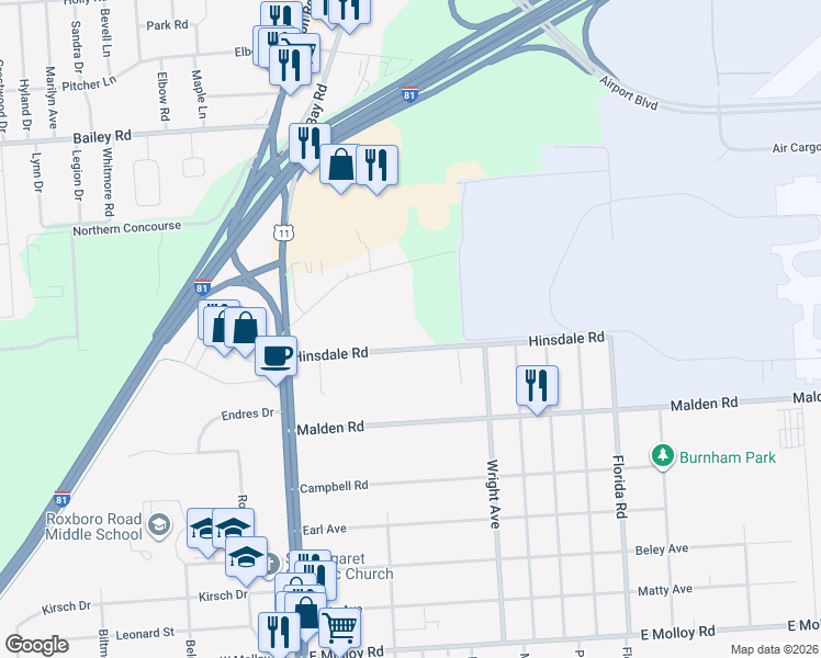 map of restaurants, bars, coffee shops, grocery stores, and more near 137 Hinsdale Road in Syracuse