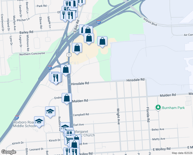map of restaurants, bars, coffee shops, grocery stores, and more near 137 Hinsdale Road in Syracuse