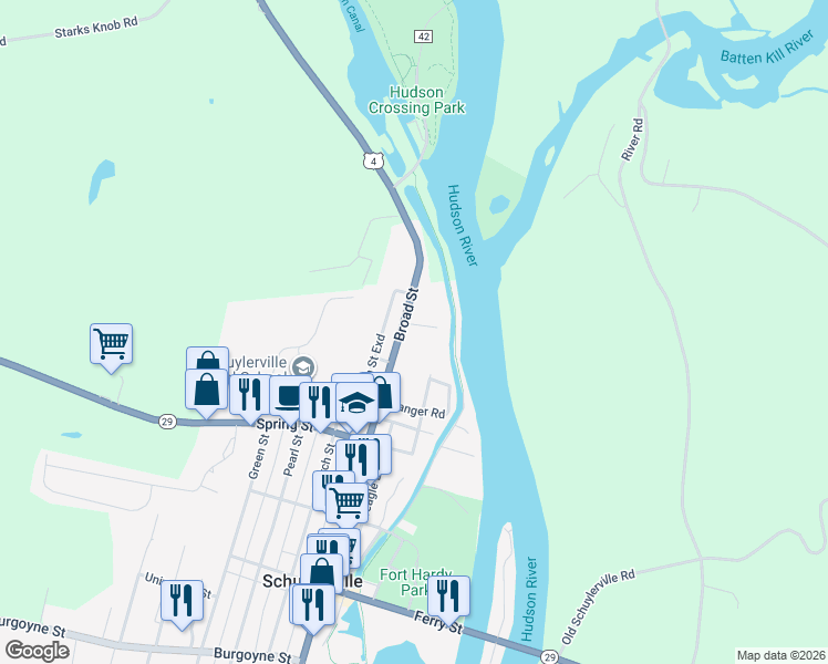 map of restaurants, bars, coffee shops, grocery stores, and more near 4 Liberty Street in Schuylerville