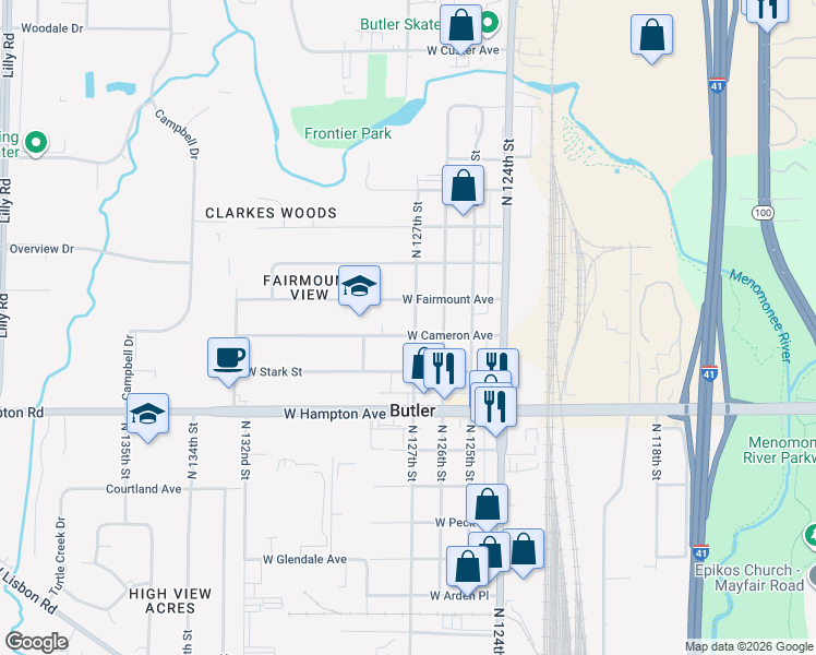 map of restaurants, bars, coffee shops, grocery stores, and more near 4957 North 127th Street in Butler