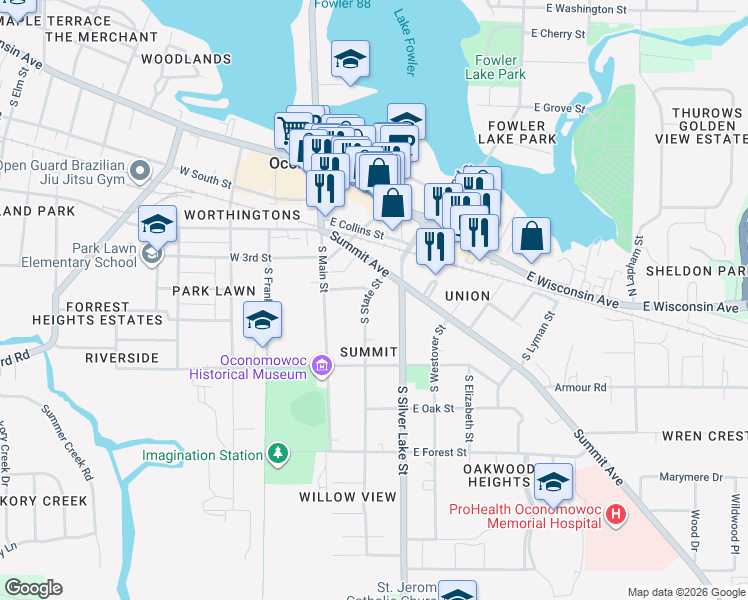 map of restaurants, bars, coffee shops, grocery stores, and more near 403 South State Street in Oconomowoc
