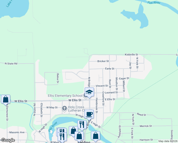 map of restaurants, bars, coffee shops, grocery stores, and more near 375 Pineview Drive in Belding