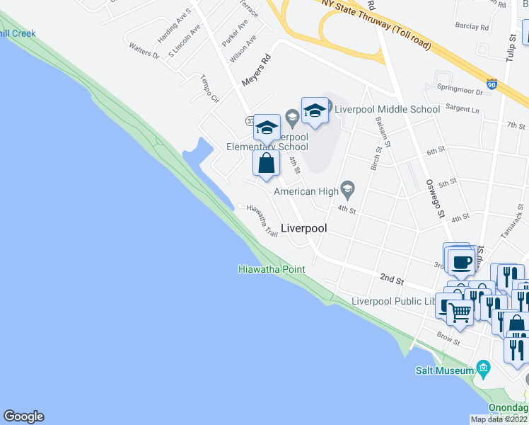 map of restaurants, bars, coffee shops, grocery stores, and more near 112 Hiawatha Trail in Liverpool