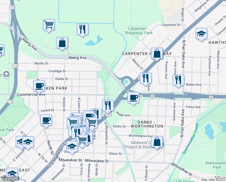 map of restaurants, bars, coffee shops, grocery stores, and more near 3034 Commercial Avenue in Madison