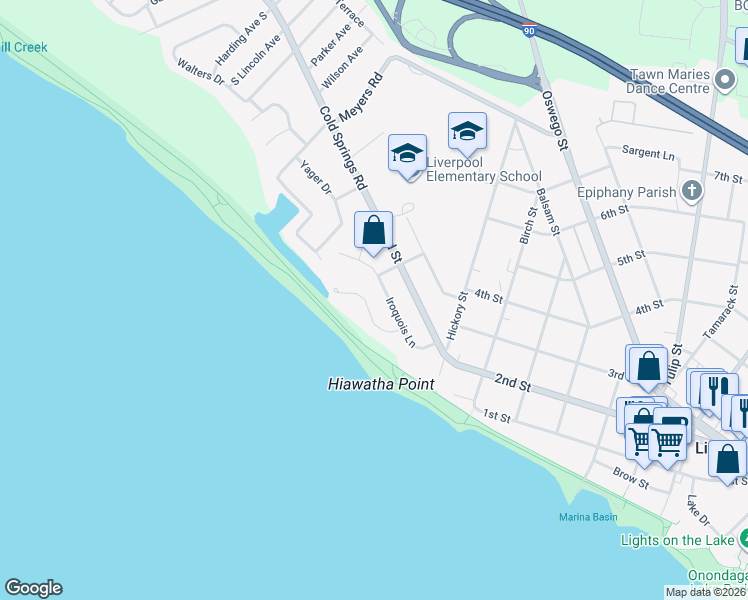 map of restaurants, bars, coffee shops, grocery stores, and more near 113 Iroquois Lane in Liverpool