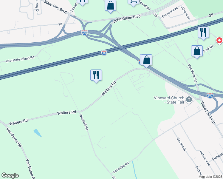map of restaurants, bars, coffee shops, grocery stores, and more near 3538 Walters Road in Syracuse