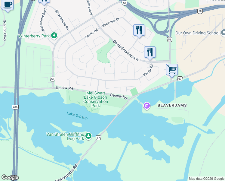 map of restaurants, bars, coffee shops, grocery stores, and more near 14 Dobbie Road in Thorold