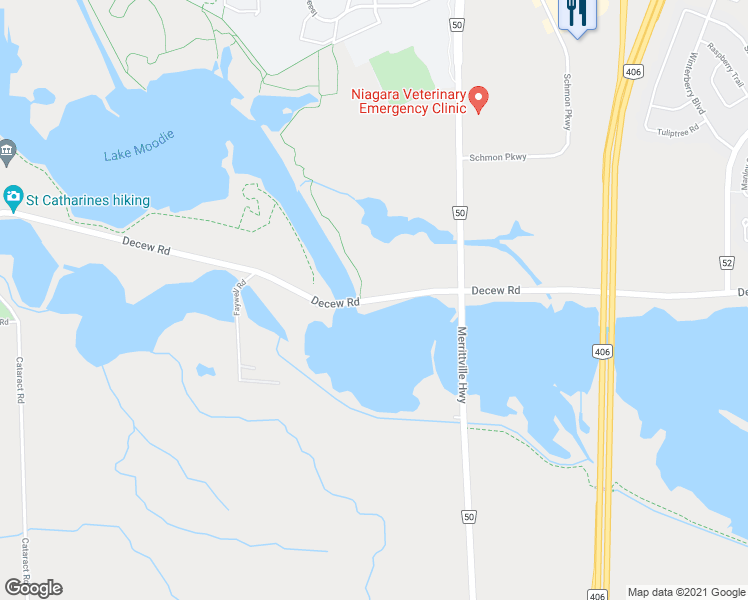 map of restaurants, bars, coffee shops, grocery stores, and more near Decew Road in Thorold