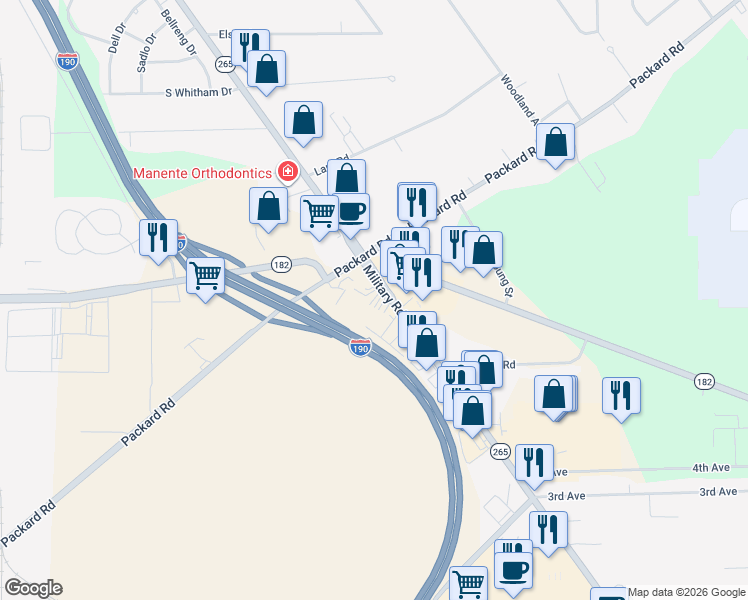 map of restaurants, bars, coffee shops, grocery stores, and more near 2590 Military Rd in Niagara Falls