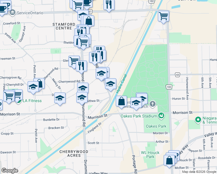 map of restaurants, bars, coffee shops, grocery stores, and more near 4604 Portage Road in Niagara Falls