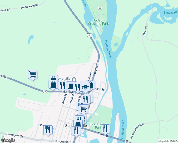 map of restaurants, bars, coffee shops, grocery stores, and more near 1 Division St in Schuylerville