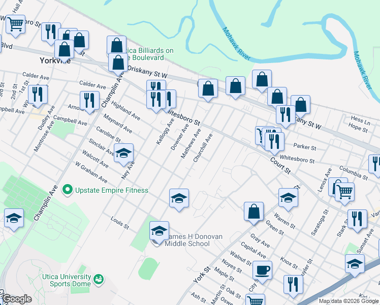 map of restaurants, bars, coffee shops, grocery stores, and more near 1002 Churchill Avenue in Utica