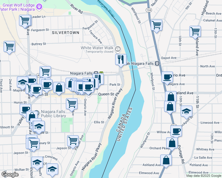map of restaurants, bars, coffee shops, grocery stores, and more near in Niagara Falls