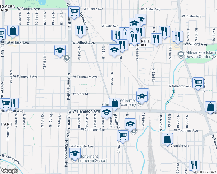 map of restaurants, bars, coffee shops, grocery stores, and more near 4926 North 38th Street in Milwaukee
