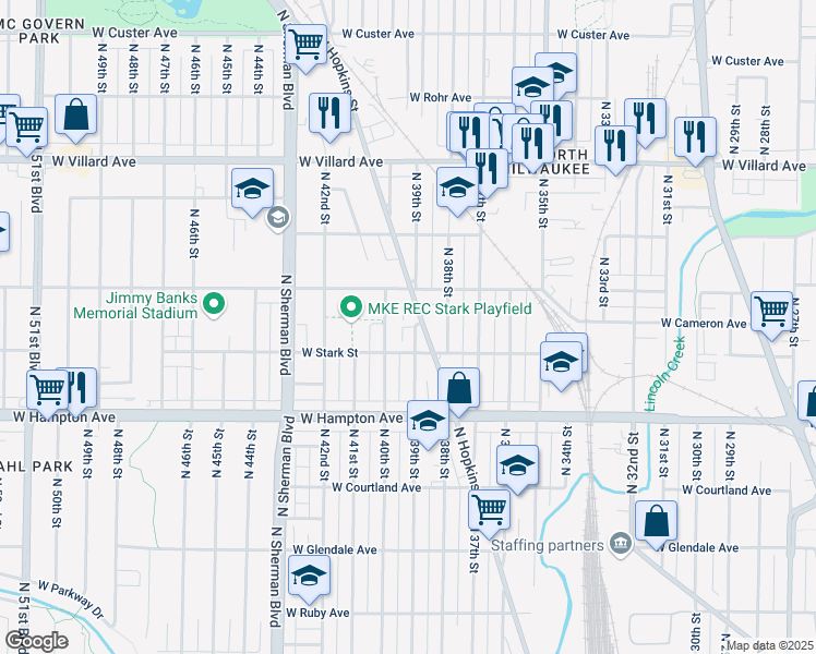 map of restaurants, bars, coffee shops, grocery stores, and more near 4937 North 39th Street in Milwaukee