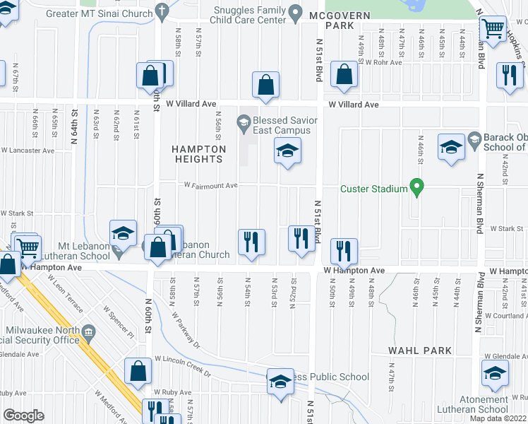 map of restaurants, bars, coffee shops, grocery stores, and more near 4916-4918 North 54th Street in Milwaukee