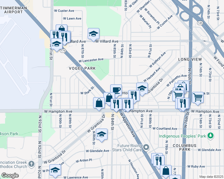 map of restaurants, bars, coffee shops, grocery stores, and more near 4903 North 85th Street in Milwaukee