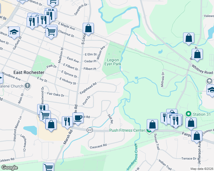 map of restaurants, bars, coffee shops, grocery stores, and more near 216 Ridgeview Drive in East Rochester