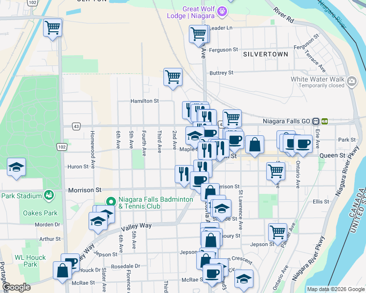 map of restaurants, bars, coffee shops, grocery stores, and more near in Niagara Falls
