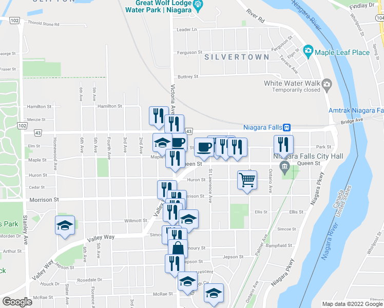 map of restaurants, bars, coffee shops, grocery stores, and more near 4609 Buckley Avenue in Niagara Falls
