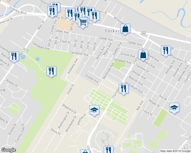 map of restaurants, bars, coffee shops, grocery stores, and more near 4 Hillcrest Avenue in Yorkville