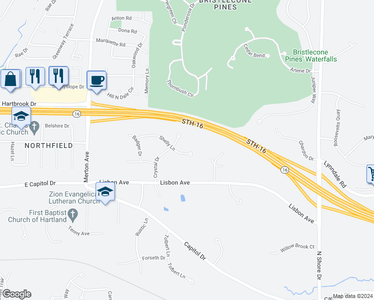 map of restaurants, bars, coffee shops, grocery stores, and more near 1310 Shelly Lane in Hartland