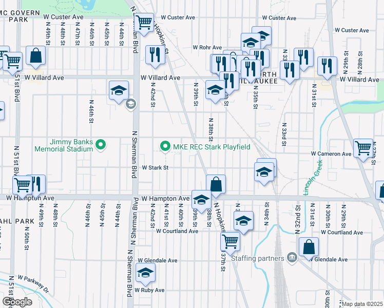 map of restaurants, bars, coffee shops, grocery stores, and more near 4937 North 39th Street in Milwaukee
