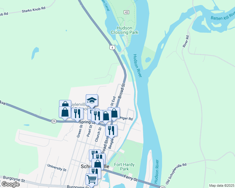 map of restaurants, bars, coffee shops, grocery stores, and more near 4 Liberty Street in Schuylerville
