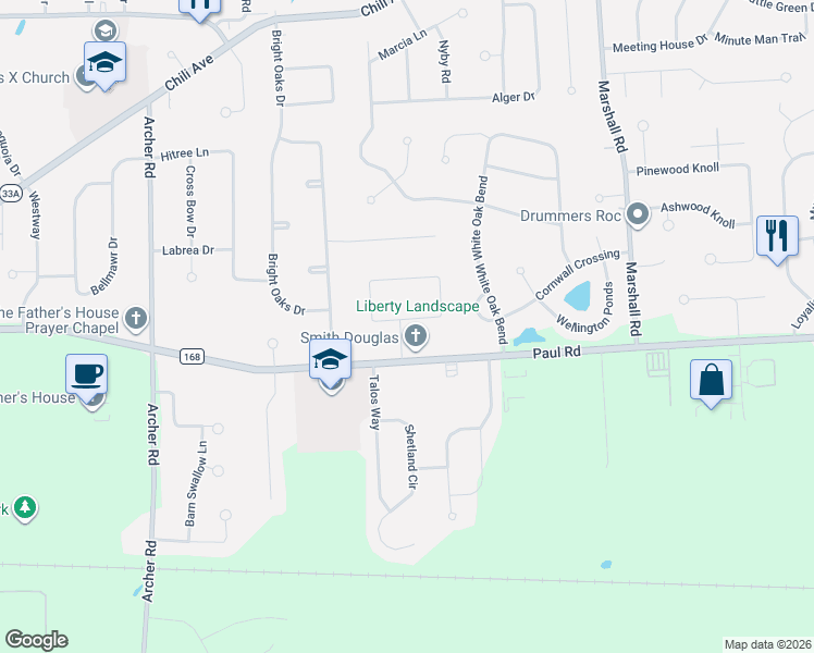 map of restaurants, bars, coffee shops, grocery stores, and more near 19 Adela Circle in Rochester