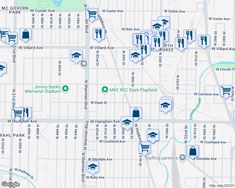 map of restaurants, bars, coffee shops, grocery stores, and more near 4921 North 40th Street in Milwaukee