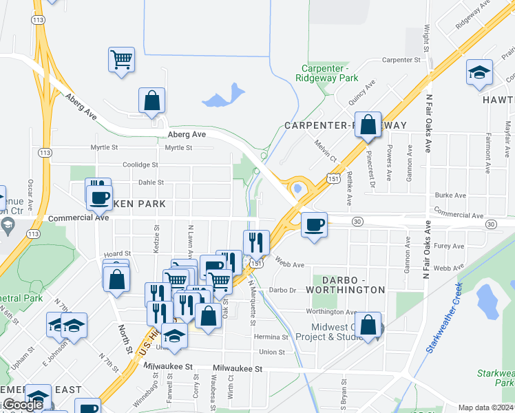 map of restaurants, bars, coffee shops, grocery stores, and more near 702 McCormick Avenue in Madison