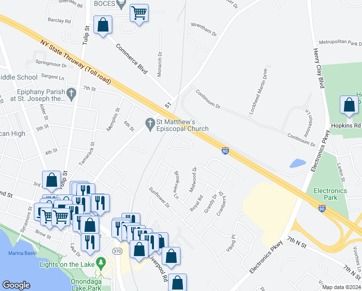 map of restaurants, bars, coffee shops, grocery stores, and more near 634 Sunflower Drive in Liverpool