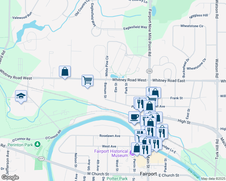 map of restaurants, bars, coffee shops, grocery stores, and more near 21 Elm Street in Fairport