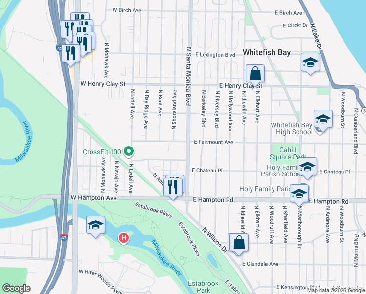 map of restaurants, bars, coffee shops, grocery stores, and more near 4951 North Santa Monica Boulevard in Whitefish Bay
