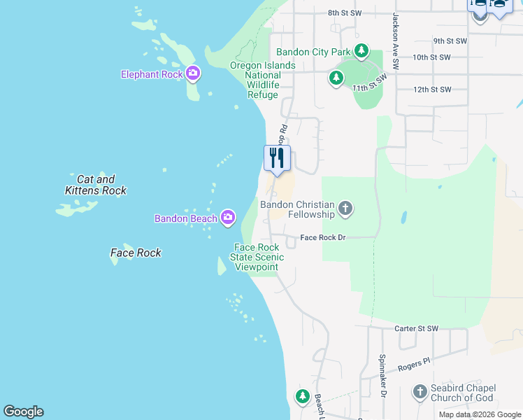 map of restaurants, bars, coffee shops, grocery stores, and more near 1740 Beach Loop Road in Bandon