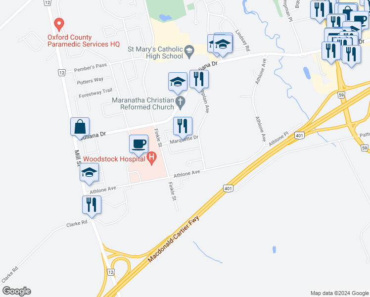 map of restaurants, bars, coffee shops, grocery stores, and more near 876 Frontenac Crescent in Woodstock
