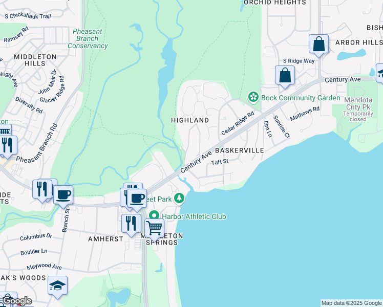 map of restaurants, bars, coffee shops, grocery stores, and more near 3215 Creekview Drive in Middleton