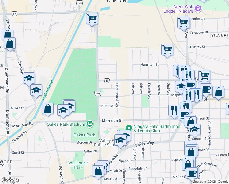 map of restaurants, bars, coffee shops, grocery stores, and more near in Niagara Falls