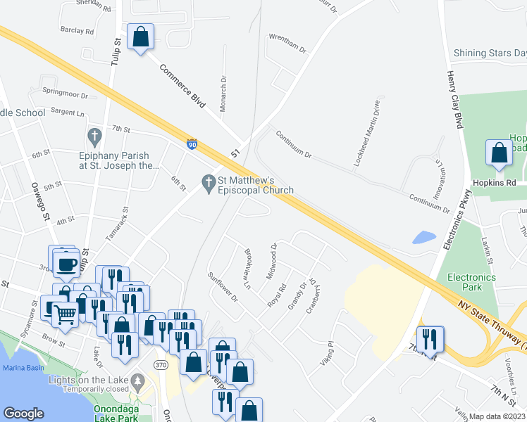 map of restaurants, bars, coffee shops, grocery stores, and more near 628 Sunflower Drive in Liverpool