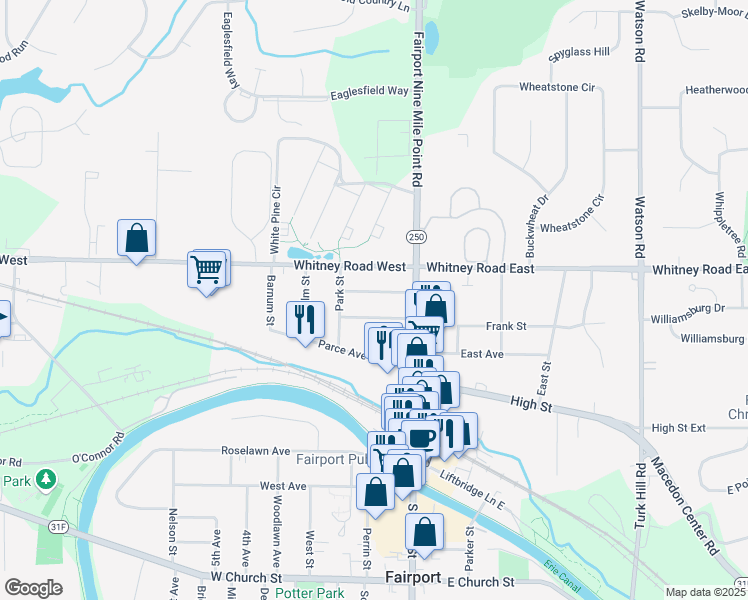 map of restaurants, bars, coffee shops, grocery stores, and more near 21 Deland B Park in Fairport