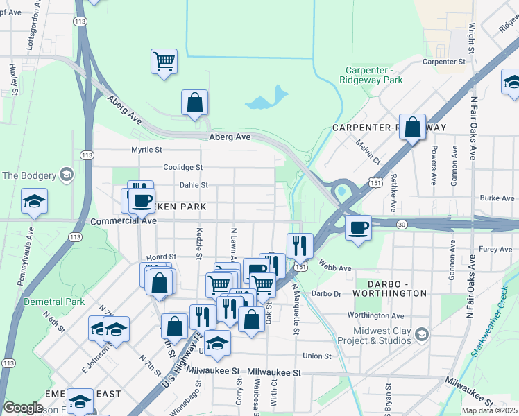 map of restaurants, bars, coffee shops, grocery stores, and more near 2829 Moland Street in Madison