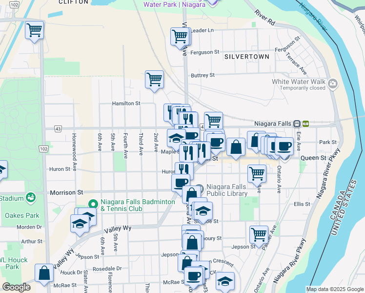 map of restaurants, bars, coffee shops, grocery stores, and more near 4605 Victoria Avenue in Niagara Falls