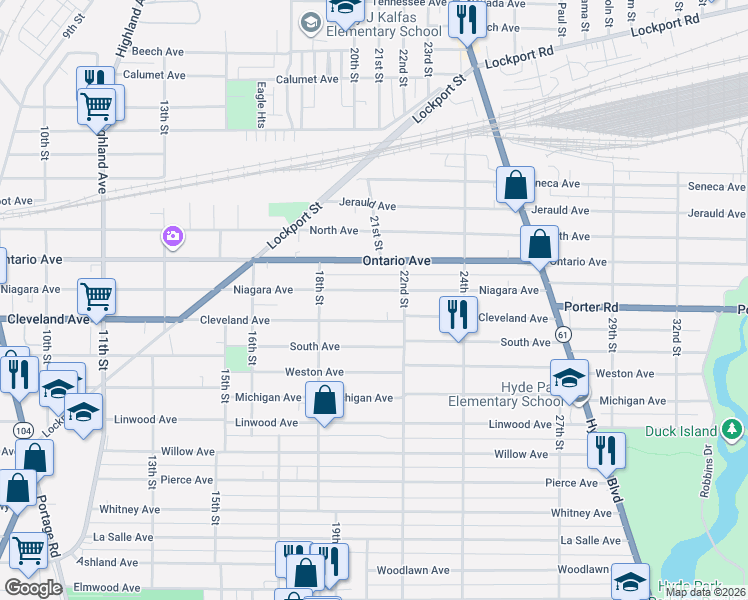map of restaurants, bars, coffee shops, grocery stores, and more near 1848 Cleveland Avenue in Niagara Falls