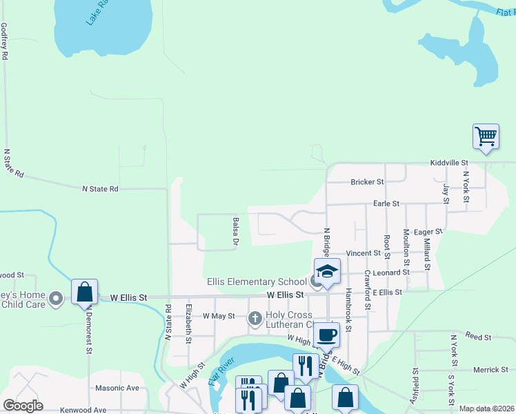 map of restaurants, bars, coffee shops, grocery stores, and more near 375 Pineview Drive in Belding